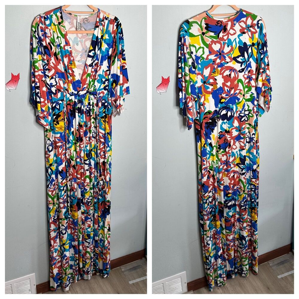 Rachel Pally Flores in Blue Floral Pattern Kimono Sleeve Maxi Dress Plus Sz 2X - Picture 2 of 10